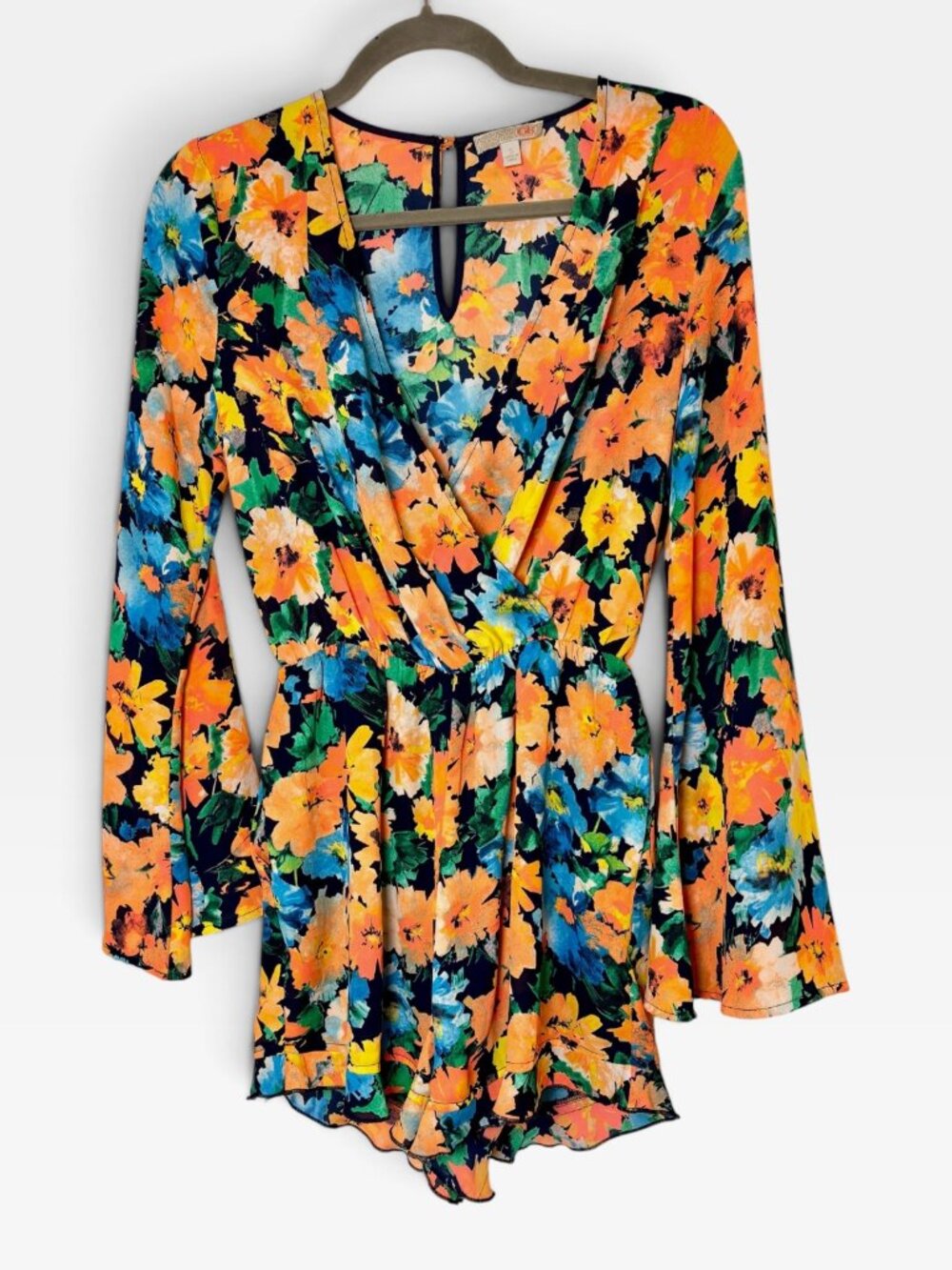 Gianni Bini Blue Orange Yellow Floral Bell Long Sleeve Romper Size Small